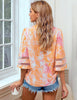 Tie Dye Orange Women's V Neck Mesh Panel Blouse 3/4 Bell Sleeve Loose Top Shirt