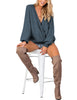 LookbookStore Navy Blue Women's Knit Long Sleeve Faux Wrap Surplice V Neck Sweater Top