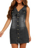 Women Sleeveless V Neck Button Down Frayed Hem Short Denim Dress