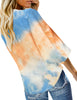 Tye Dye Blue Women's V Neck Button Down Shirts 3/4 Bell Sleeve Tie Knot Blouse