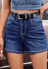 LookbookStore Women Darkness Blue High Waist Eyelet Embroidered Wide Leg Denim Shorts Stretchy Summer Mid Thigh Jean Shorts