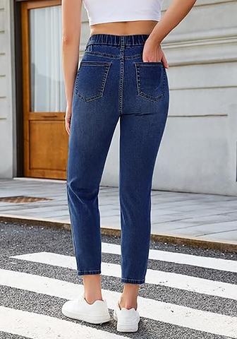 LookbookStore Darkness Blue Cropped Straight Leg Jeans for Women High Waisted Slim Fit Denim Pants with Pockets