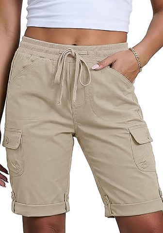 LookbookStore Women's Safari Relaxed Fit Bermuda Shorts with Drawstring Waist and Utility Cargo Pockets