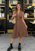 LookbookStore Women's Coffee Brown Summer Beach Vacation Linen Dress Casual Flowy V Neck Sleeveless Smocked Zip Midi Dress with Pockets