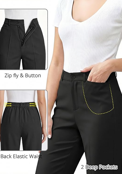 LookbookStore Women Black Ankle Straight Leg Dress Pants, Elastic Waist Business Casual Office Work Trousers with Pockets