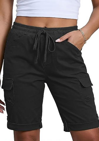 LookbookStore Women's Black Relaxed Fit Bermuda Shorts with Drawstring Waist and Utility Cargo Pockets