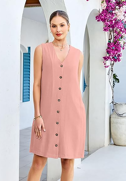 LookbookStore Women's Pink Knee Length Linen Dress – Sleeveless V Neck Button Down, Self Tie Waist & Side Pockets