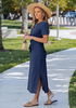 LookbookStore Women's Navy Blue Summer Casual Long Tshirt Dress Short Sleeve Self Tie Side Split Beach Vacation Dress 2026