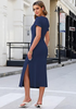 LookbookStore Women Navy Blue Summer Casual Long Dress, Twist Front Side Slit Short Sleeve Comfy T-Shirt Dress 2026 Beach Vacation
