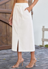 LookbookStore Women Cream White High Waist Jean Midi Skirt Elastic Drawstring Denim Long Skirt with Pockets Front Split Design