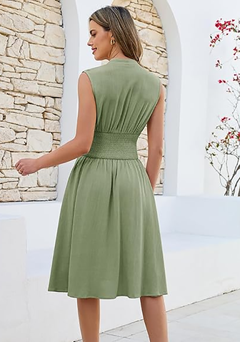 LookbookStore Women's Army Green Summer Beach Vacation Linen Dress Casual Flowy V Neck Sleeveless Smocked Zip Midi Dress with Pockets