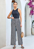 LookbookStore Navy Blue Stripe High Waisted Wide Leg Pants for Women Drawstring Waist Casual Comfort Pants