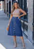 LookbookStore Women's Darkness Blue Trendy Midi A-Line Denim Skirt – Stretchy Western Casual Button Down Style with Convenient Pockets