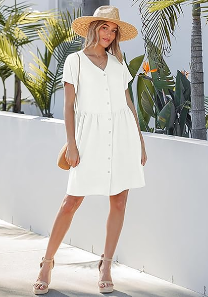 LookbookStore Women's White Summer Casual Linen Babydoll Dress V Neck Short Sleeve Button Down Above Knee with Pockets