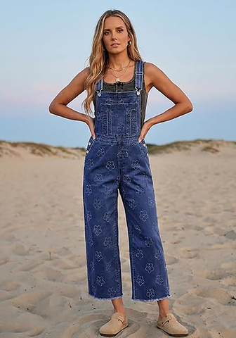 LookbookStore Women's Floral Darkness Blue Embroidered Denim Overalls, Loose Fit Wide Leg Capri Bib Overall, Stretchy Raw Hem Summer Jean Jumpsuit