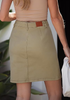 LookbookStore Women's Pale Khaki High Waisted A-Line Denim Skirt Trendy Stretchy Short Skirt with Contrast Stitching and Patch Pockets