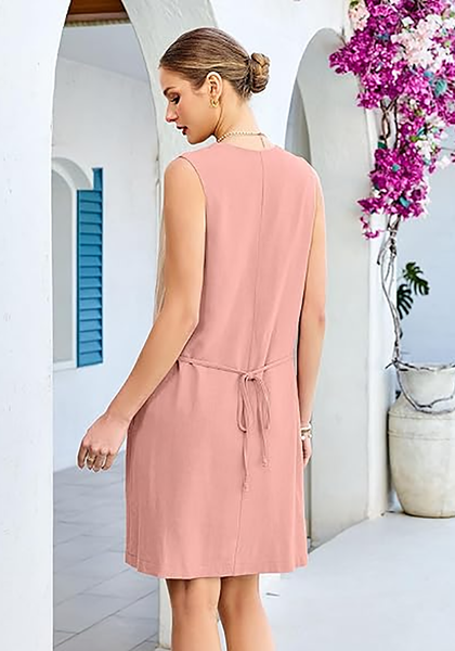 LookbookStore Women's Pink Knee Length Linen Dress – Sleeveless V Neck Button Down, Self Tie Waist & Side Pockets