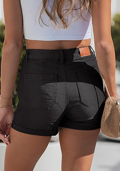 LookbookStore True Black Women's High Waisted Stretch Denim Shorts with Patch Pockets Rolled Cuff Casual Summer Staple