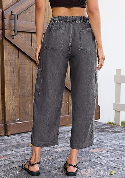 LookbookStore Women's Dust Black Trendy Barrel Jeans, High Rise Wide Leg Baggy Denim Pants with Elastic Drawstring Waist & Button Fly