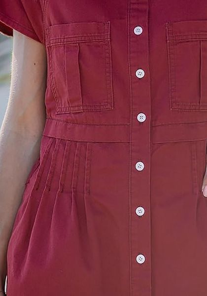 LookbookStore Wine Red Women's Short Sleeve Babydoll Denim Dress – Pleated Raw Hem Distressed Western Style with Pockets