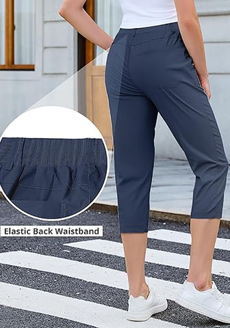 LookbookStore Women Dark Blue Utility Skimmer Capri Pants With Big Patched Pockets Back Elastic Waistband Ideal For Travel Daily Casual