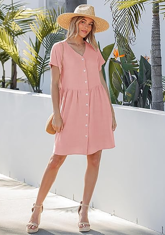 LookbookStore Women's Pink Summer Casual Linen Babydoll Dress V Neck Short Sleeve Button Down Above Knee with Pockets