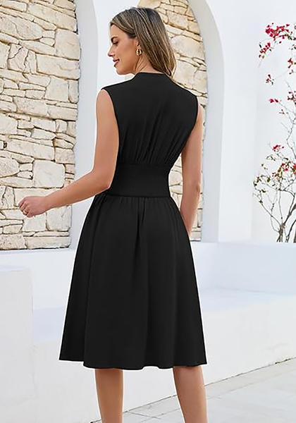 LookbookStore Women's Black Summer Beach Vacation Linen Dress Casual Flowy V Neck Sleeveless Smocked Zip Midi Dress with Pockets