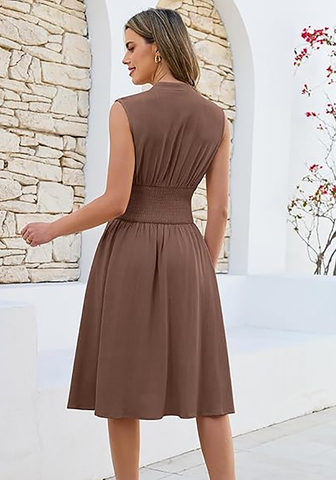 LookbookStore Women's Coffee Brown Summer Beach Vacation Linen Dress Casual Flowy V Neck Sleeveless Smocked Zip Midi Dress with Pockets