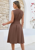 LookbookStore Women's Coffee Brown Summer Beach Vacation Linen Dress Casual Flowy V Neck Sleeveless Smocked Zip Midi Dress with Pockets