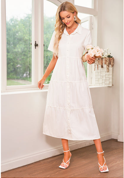 Brilliant White Women's Button Down Casual Babydoll Vacation Denim Long Dresses