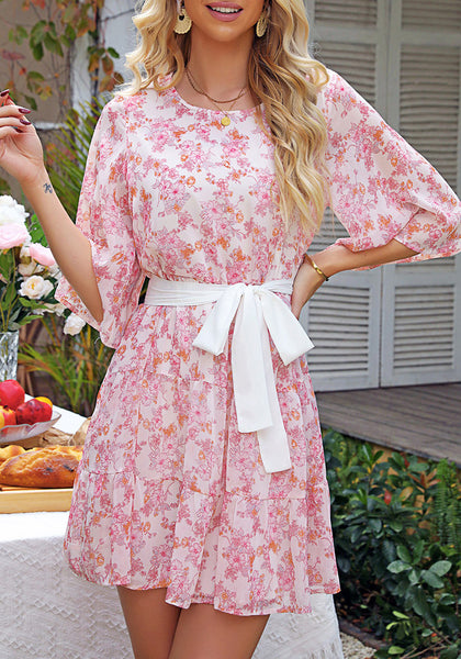 Soft Pink Floral Floral Babydoll Dress for Women Chiffon Cute Flowy Summer Beach Short Dresses with Pockets
