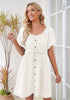 Brilliant White Women's Off the Shoulder Puff Sleeve A-Line Denim Dress with Belt