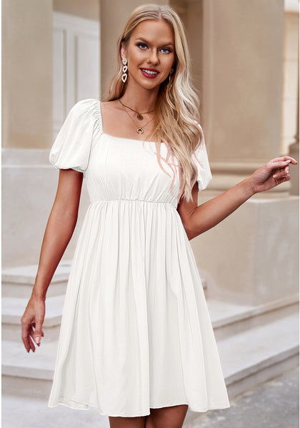 Brilliant White Women's Off the Shoulder Puff Sleeve Square Neck A-Line Babydoll Dresses