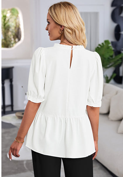 Brilliant White 2023 Blouses for Women Dressy Casual Peplum Tops Puff Sleeve Ruffle Mock Neck Dress Shirt Flowy Summer