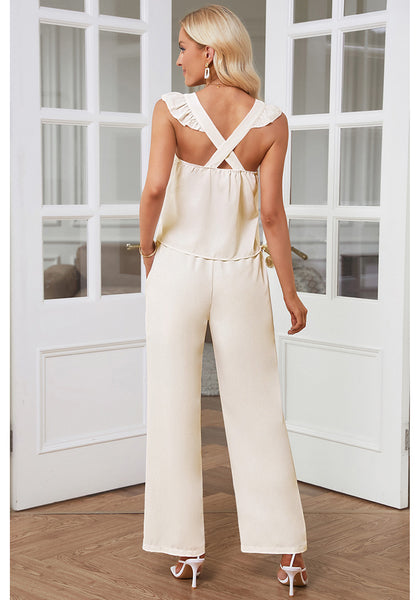 White Women's 2 Piece Sets Flowy Square Neck Top Wide Leg Pants Vacation Two Piece Outfits
