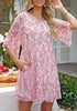 Soft Pink Floral Floral Babydoll Dress for Women Chiffon Cute Flowy Summer Beach Short Dresses with Pockets