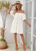 Brilliant White Women's Off the Shoulder Puff Sleeve A-Line Denim Dress with Belt