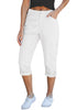 Ivory White Women's High Wasited Cargo Pants Cuffed Hem Elastic Waist Capri Pants With Pockets