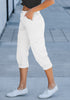 Ivory White Women's High Wasited Cargo Pants Cuffed Hem Elastic Waist Capri Pants With Pockets