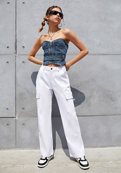 Brilliant White Women's Straight Leg Cargo Pants Casual Y2K High Waisted Styles