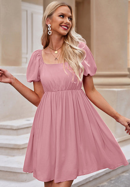 Parfait Pink Women's Off the Shoulder Puff Sleeve Square Neck A-Line Babydoll Dresses
