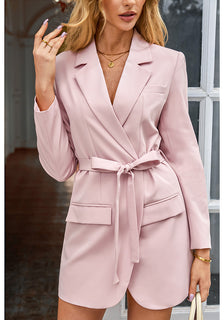 Peach Blush Women's Casual Long Suit Jacket Belted Fashion Office Blaz – Lookbook  Store