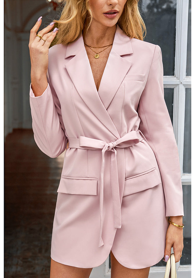 Peach Blush Women's Casual Long Suit Jacket Belted Fashion Office Blaz –  Lookbook Store