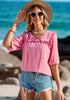 Candy Pink Women's Casual Puff Sleeve Tie Neck Blouses Business Shirts
