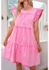 Aurora Pink Women's Mini Denim Babydoll Sleeveless Ruffle Sleeve Pleated Dress