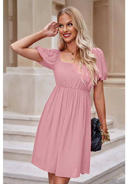 Parfait Pink Women's Off the Shoulder Puff Sleeve Square Neck A-Line Babydoll Dresses