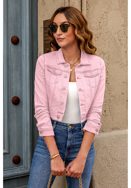 Pink Women's Basic Long Sleeves Fitted Denim Cropped Jacket