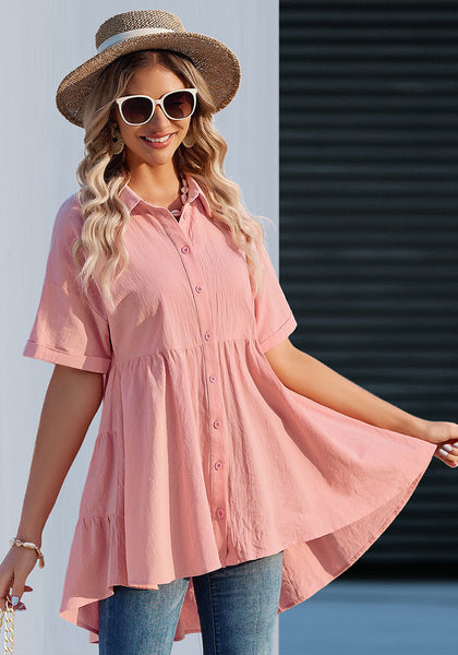 Quartz Pink 2023 Button Down Shirts for Women Oversized Short Sleeve Blouses Babydoll Flowy High Low Tunic Tops Summer