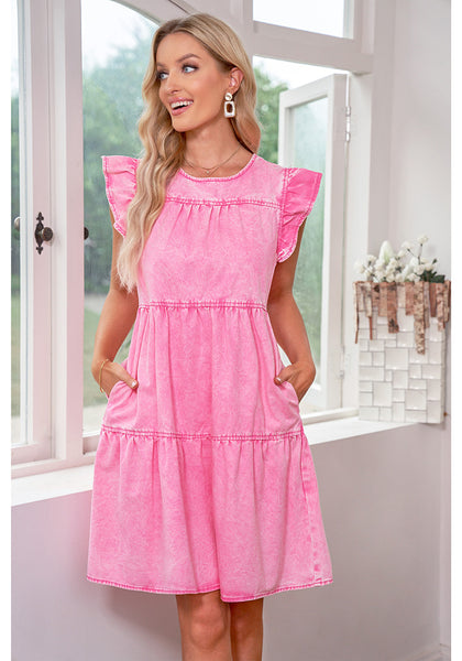 Aurora Pink Women's Mini Denim Babydoll Sleeveless Ruffle Sleeve Pleated Dress