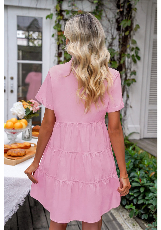 Hot Pink Women's Short Sleeve Button Down Babydoll Dress A-Line